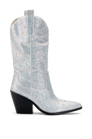 metallic silver rhinestone embellished western inspired cowboy boot