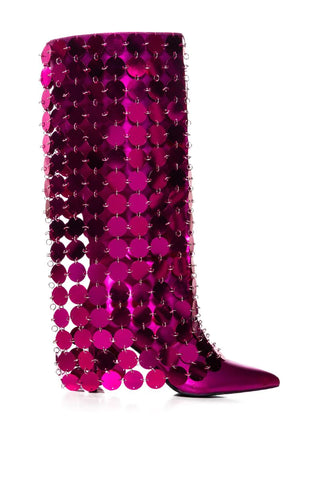 Hot pink stiletto boots with reflective disco ball chainmail accent overlay