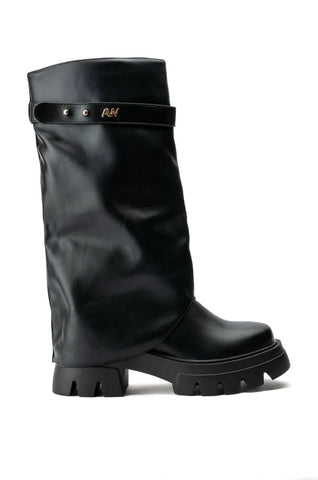 chunky black faux leather mid calf length boots with fold over silhouette