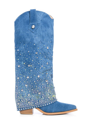 blue denim western inspired cowboy boots with fold over silhouette and rhinestone embellished detail