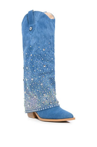 blue denim pointed toe western inspired cowboy boots with fold over silhouette and rhinestone embellishment