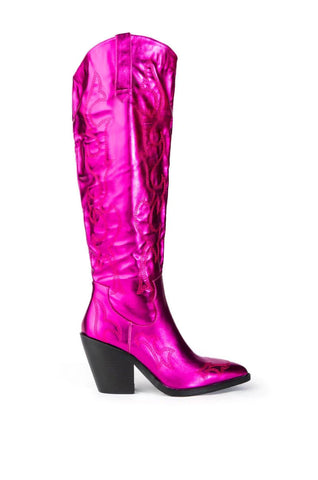 Hot pink metallic western boot with a block heel and pointed toe silhouette
