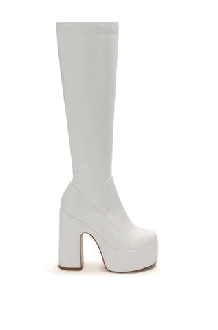 white platform knee high boots with a chunky sole and 4 way stretch material