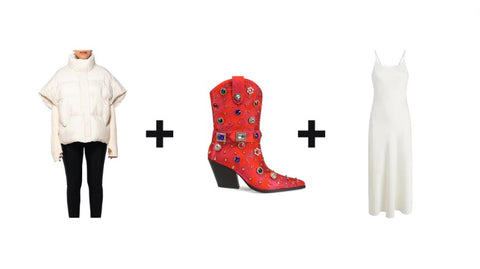 valentine's day daytime date outfit inspo with red western boots and a white puffer coat