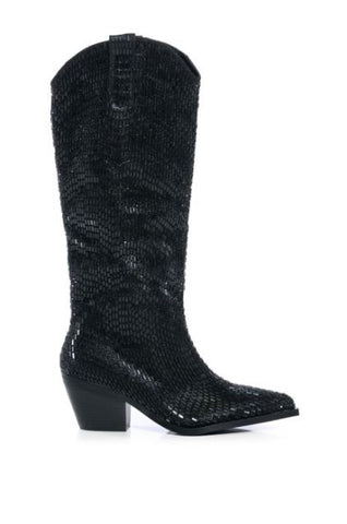 black mid calf length western boot with black crystal rhinestone detail all over the shoe