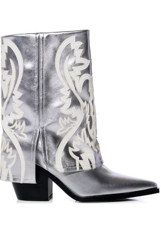 shiny metallic silver western boot with foldover silhouette and white cowboy boot accent stiched in