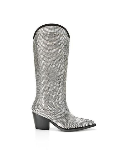 Image of ingrid silver western boot featuring black cowboy boot silhouette and silver crystal rhinestone accent