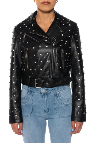 Cropped black faux leather moto jacket with crystal rhinestone detail