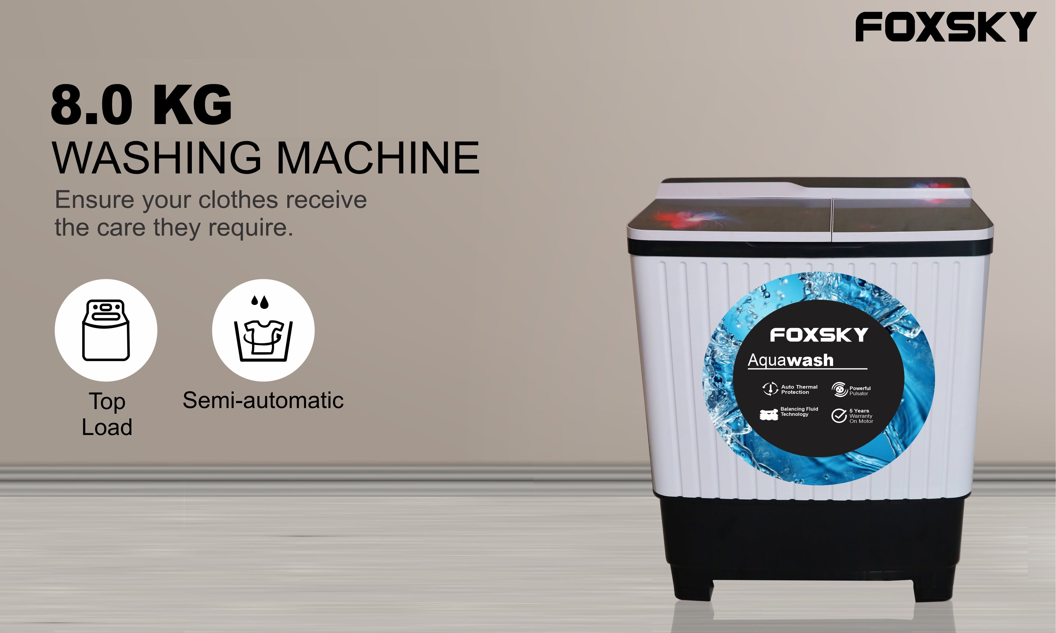 Foxsky 8 Kg Top Loading Semi-Automatic Washing Machine with 3D Scrub Technology
