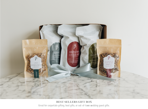 Best sellers gift box, great for corporate gifting, host gifts, or out-of-town wedding guest gifts. Gourmet Popcorn Grand Rapids Michigan Wedding.