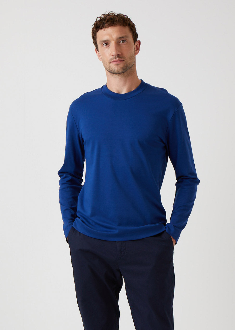 Brushed Cotton Long Sleeve T‑shirt in Space Blue