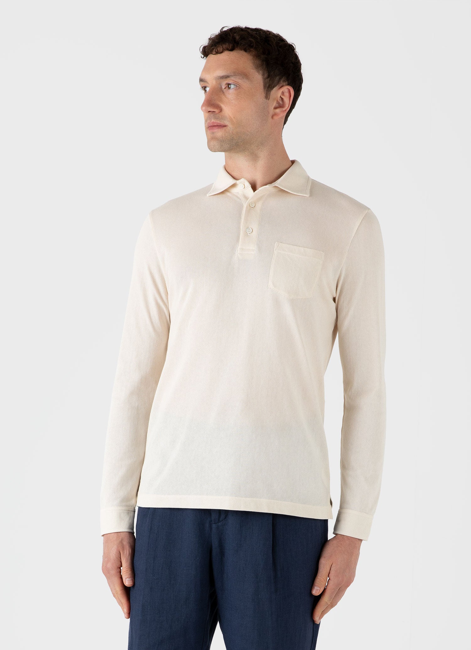 Men's Linear Mesh Knit Polo Shirt in Ecru | Sunspel