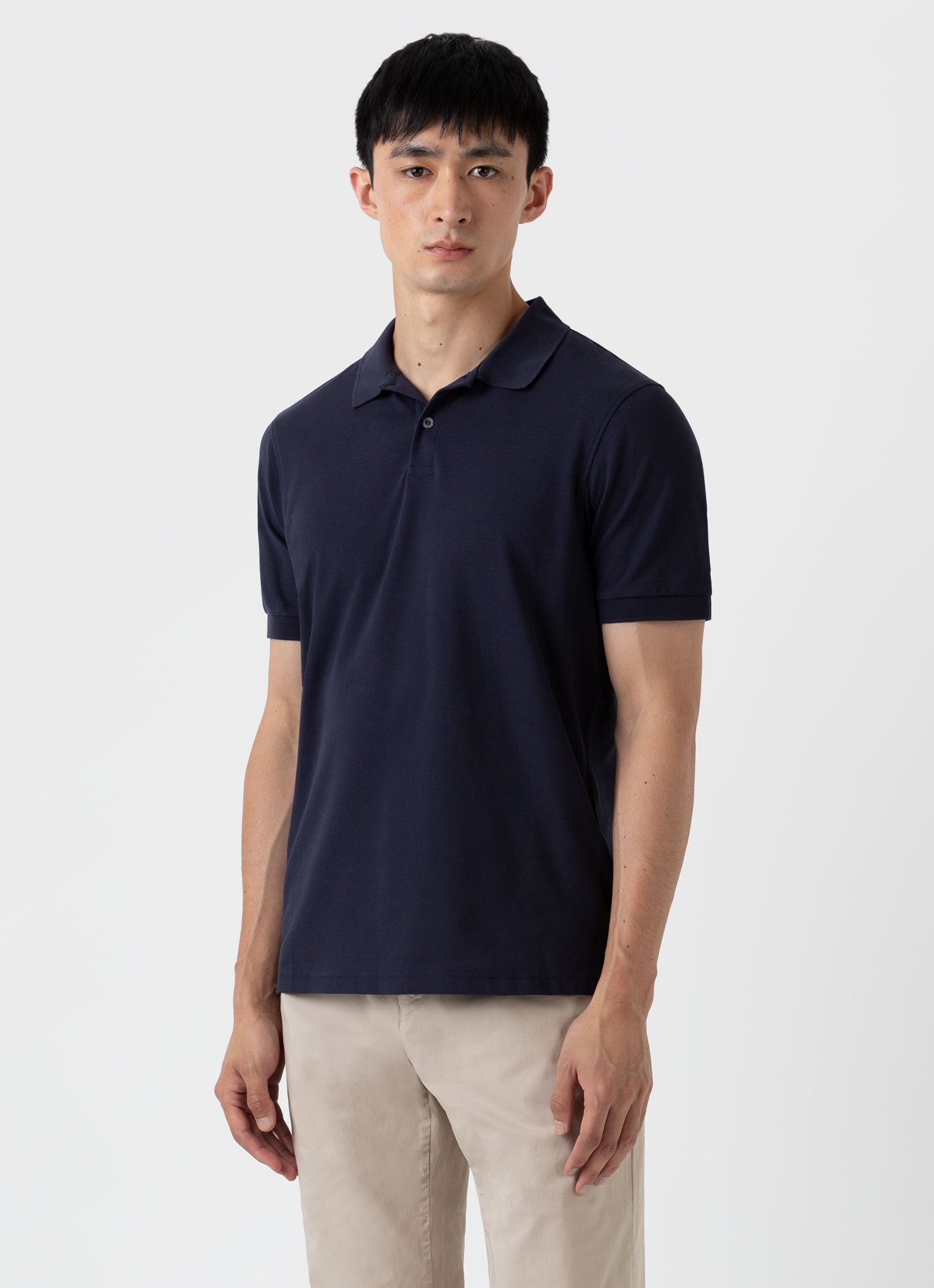 Men's Cotton Riviera Long Sleeve Polo Shirt in Navy | Sunspel