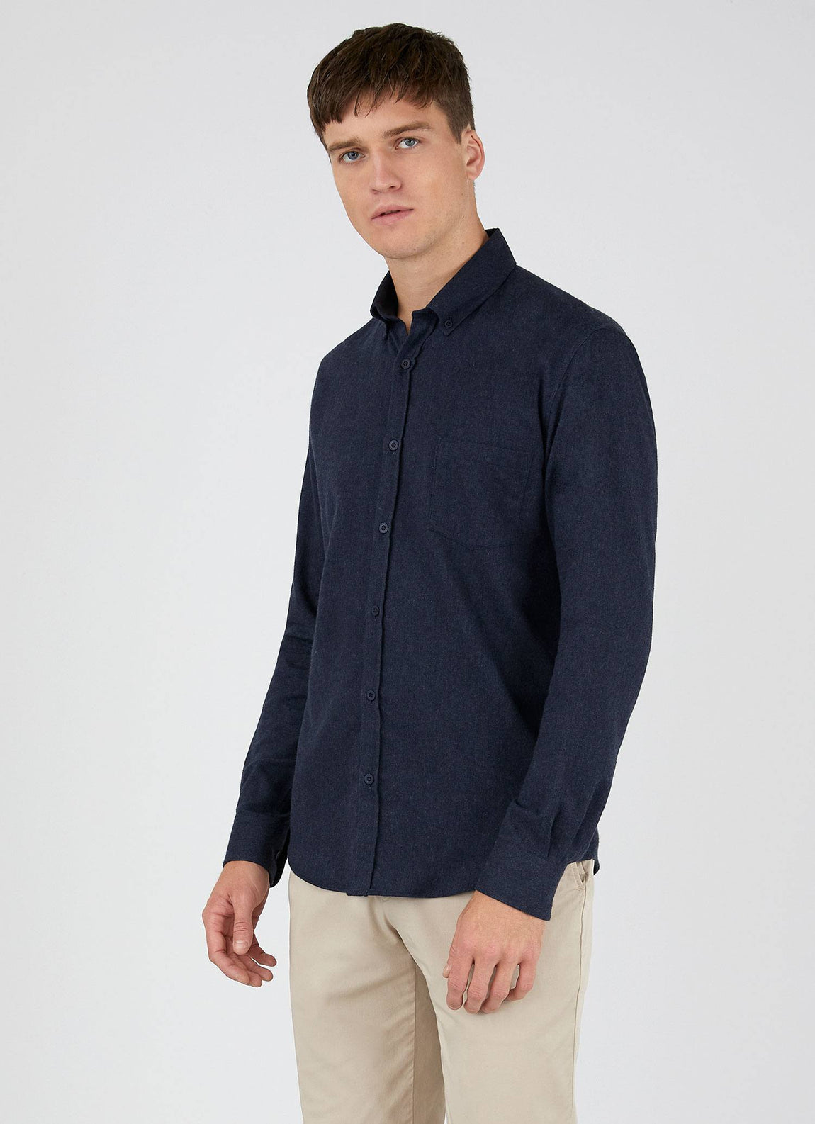 Men's Brushed Flannel Button-Down Shirt in Navy Melange | Sunspel