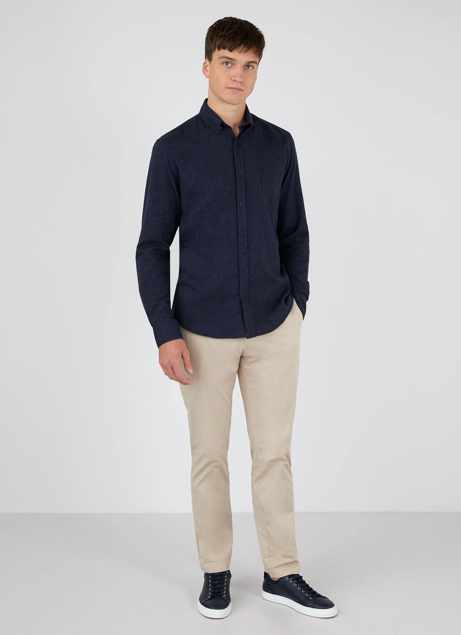 Men's Brushed Flannel Button-Down Shirt in Navy Melange | Sunspel