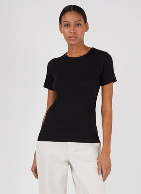 Women's Rib Roll Neck T-shirt in Black | Sunspel