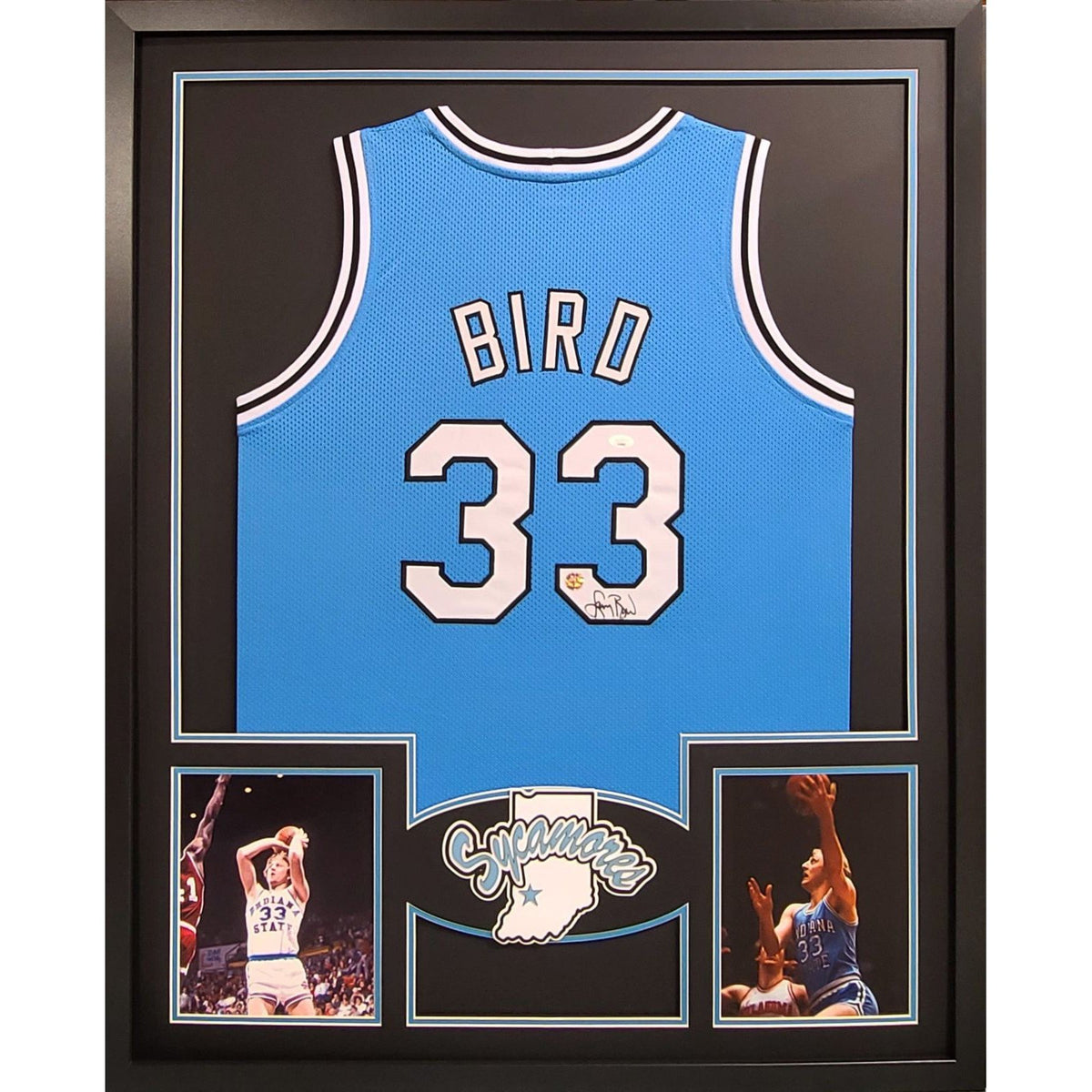 Larry Bird Signed 33x37 Custom Framed Jersey Display with Indiana State  Sycamores Pin (PSA COA)