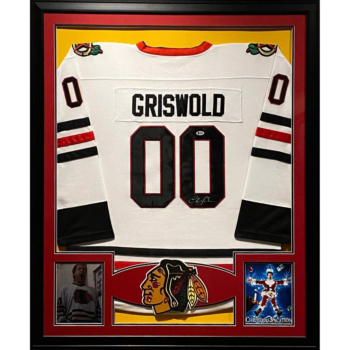 Framed Autographed/Signed Chevy Chase 33x42 Clark Griswold Christmas  Vacation Movie Chicago White Hockey Jersey Beckett BAS COA