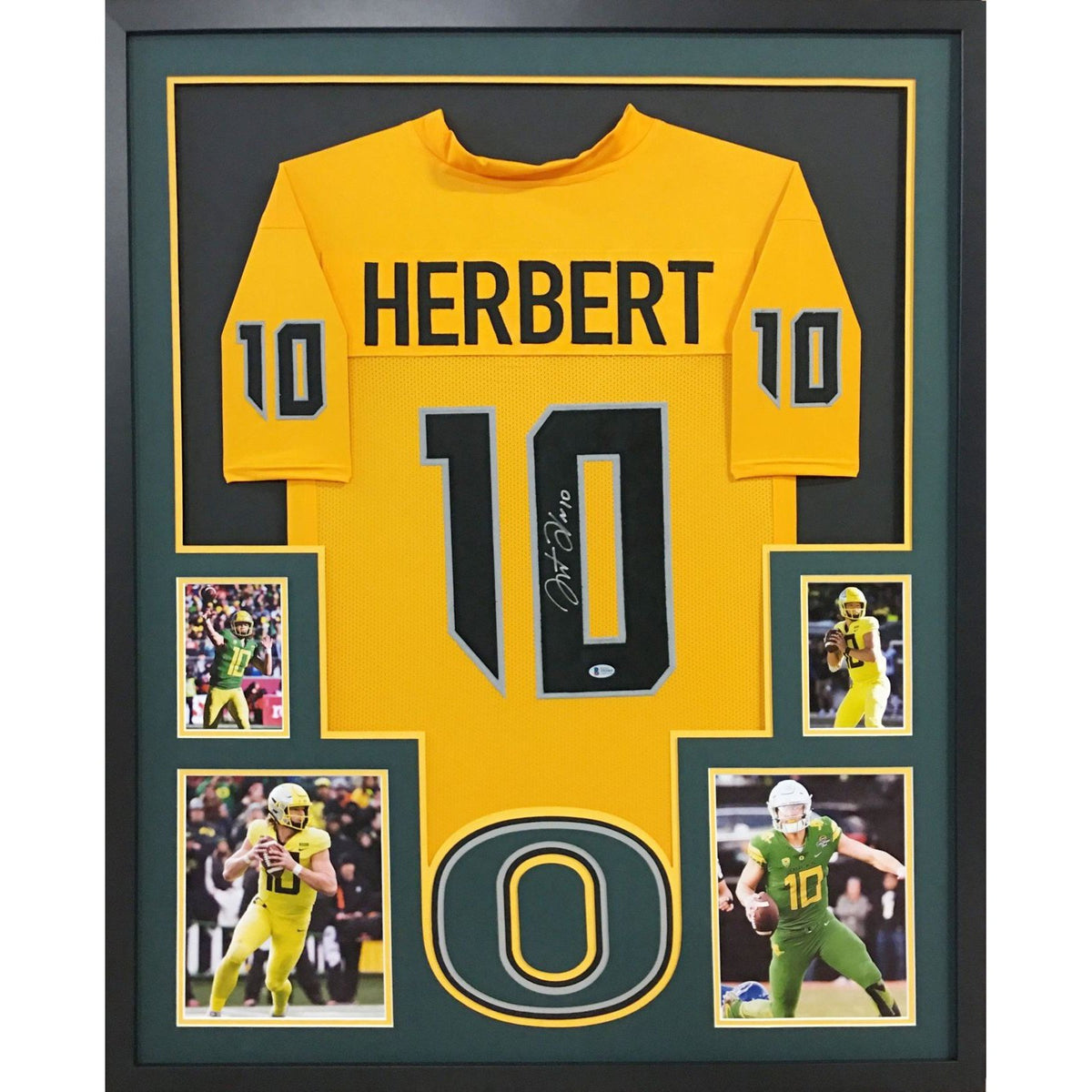 Oregon Ducks Justin Herbert Autographed Framed Yellow Jersey Beckett BAS