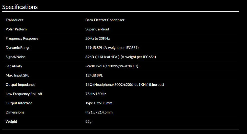 SYNCO MIC-D30 Microphone Specification