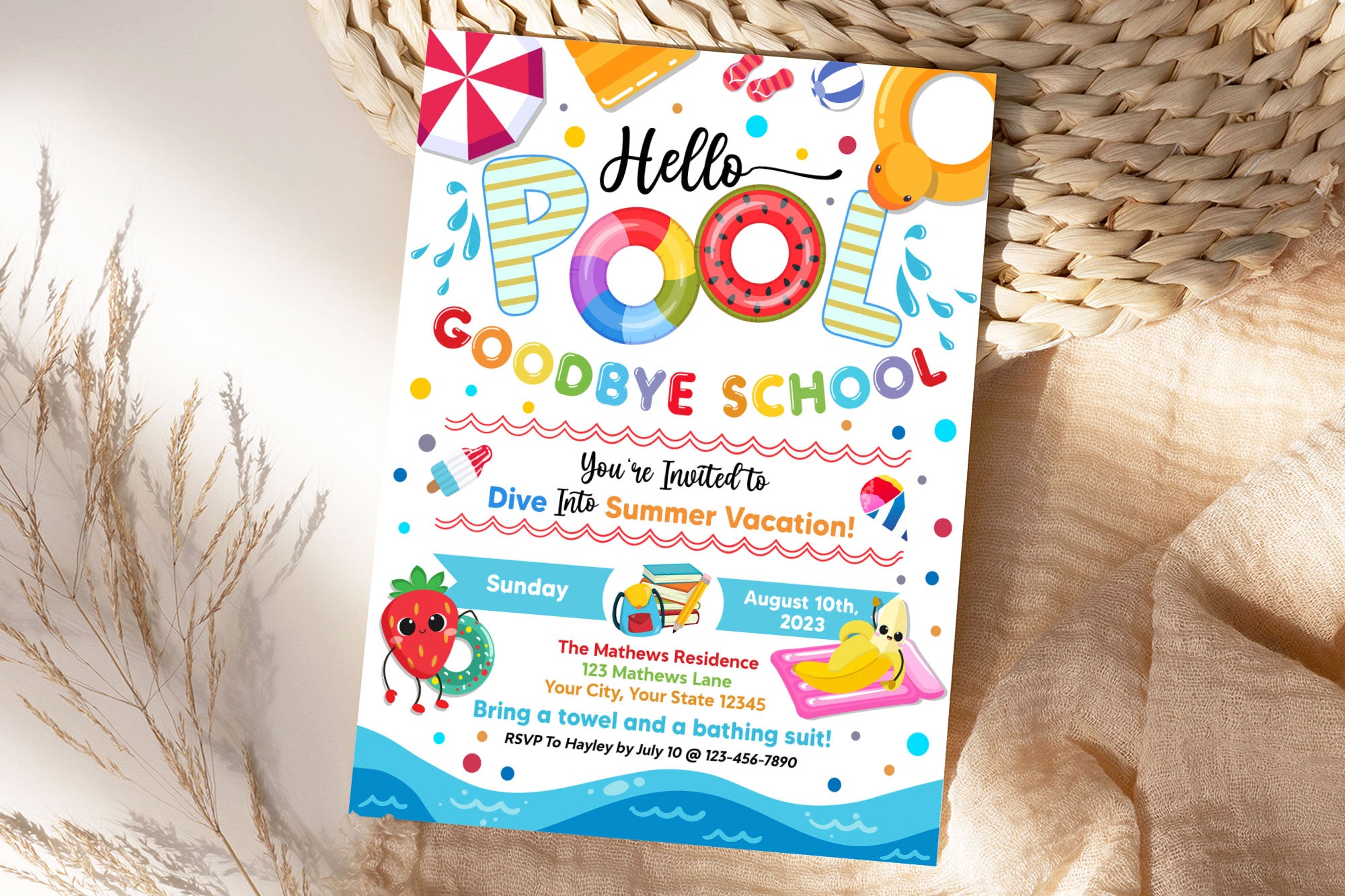 Customizable Hello Pool Goodbye School Party Invitation| Summer End of School Party Flyer Invite Template
