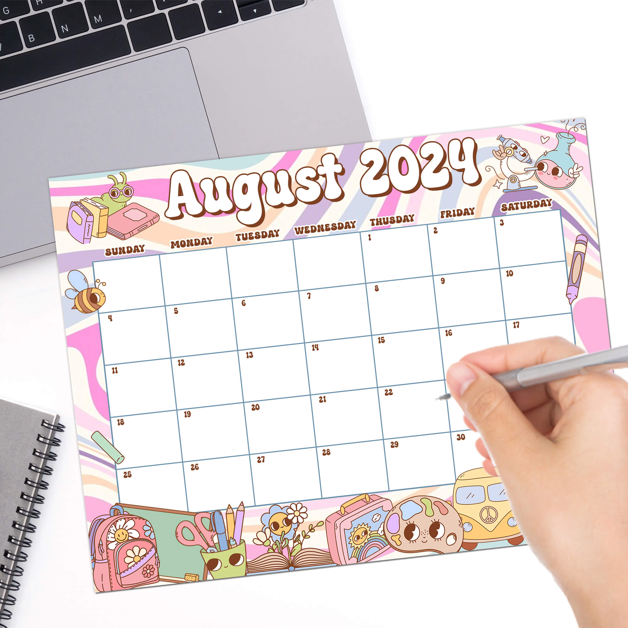 PDF Retro Vibe Back To School August 2024 Calendar | Printable Classic Nostalgic Themed Planner Calendar