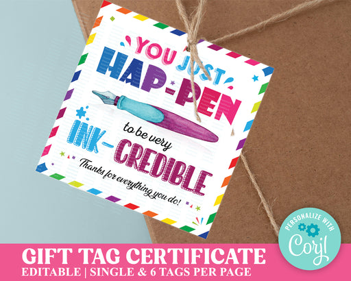 Editable - You HapPEN to be very INKcredible - Printable Gift Tags –  Chevelly Designs