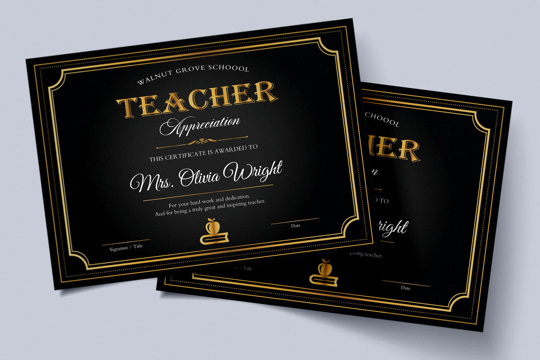 Elegant Teacher Appreciation Certificate Black, Editable Appreciation ...