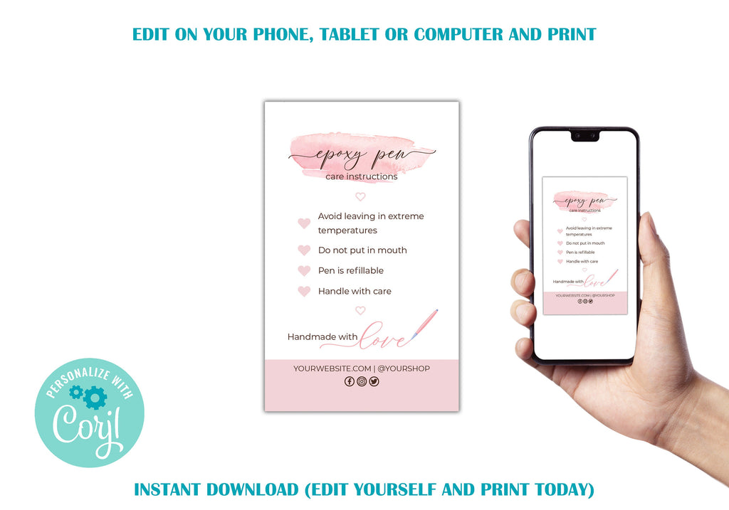 Editable Epoxy Pen Care Card Template, Printable Pen Care Card or Pen ...