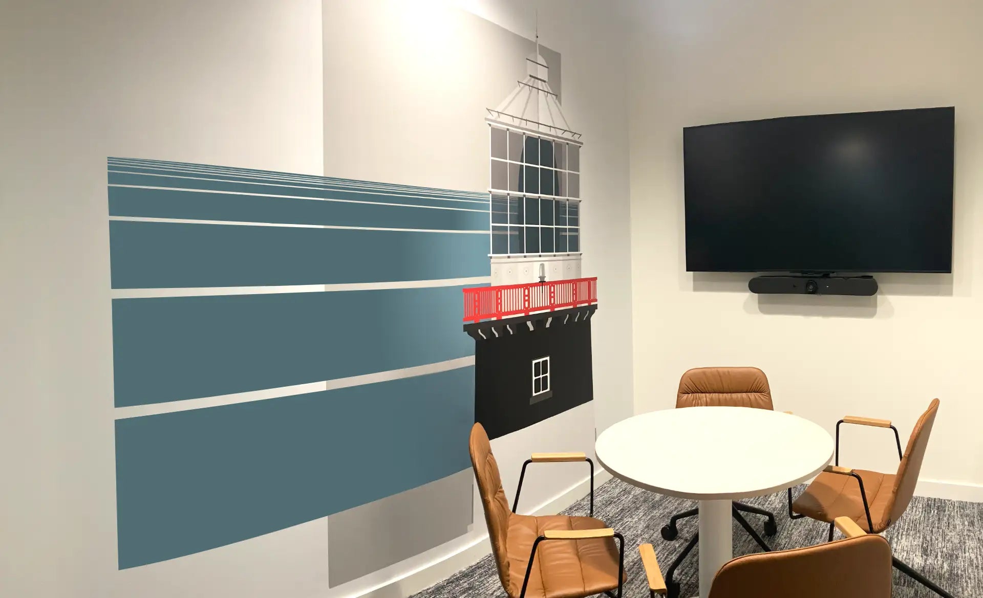 Conference room at CH Robinson Cork with custom wall graphic depicting the Old Head of Kinsale lighthouse