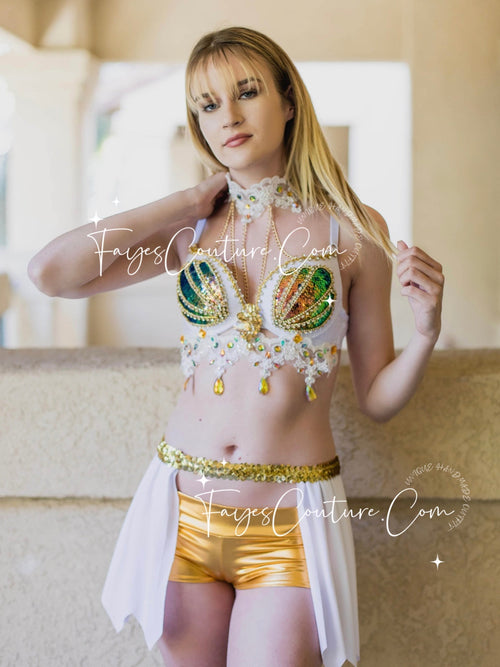 Mermaid Shell Bra Rave Top Pearl Gold White Costume Edm Festival