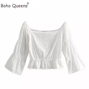 Boho Hippie Women White Slash Neck Bohemian Blouse Shirts - EchicDeal