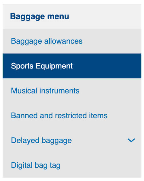 website menu with sports equipment highlighted