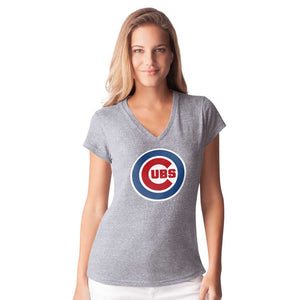 NWT Womens Chicago Cubs Cute Blue/White Short Sleeve V-Neck Logo Shirt Sz  Medium