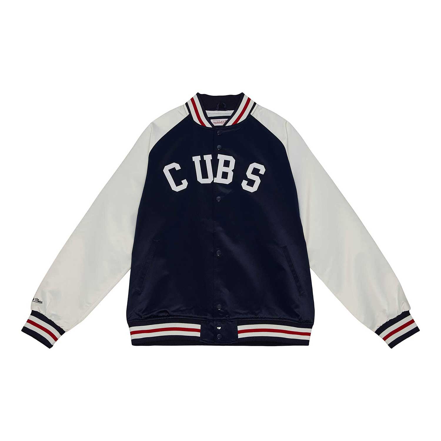 Men's Mitchell & Ness Black Chicago Cubs Satin Raglan Full-Snap Varsity Jacket Size: Medium