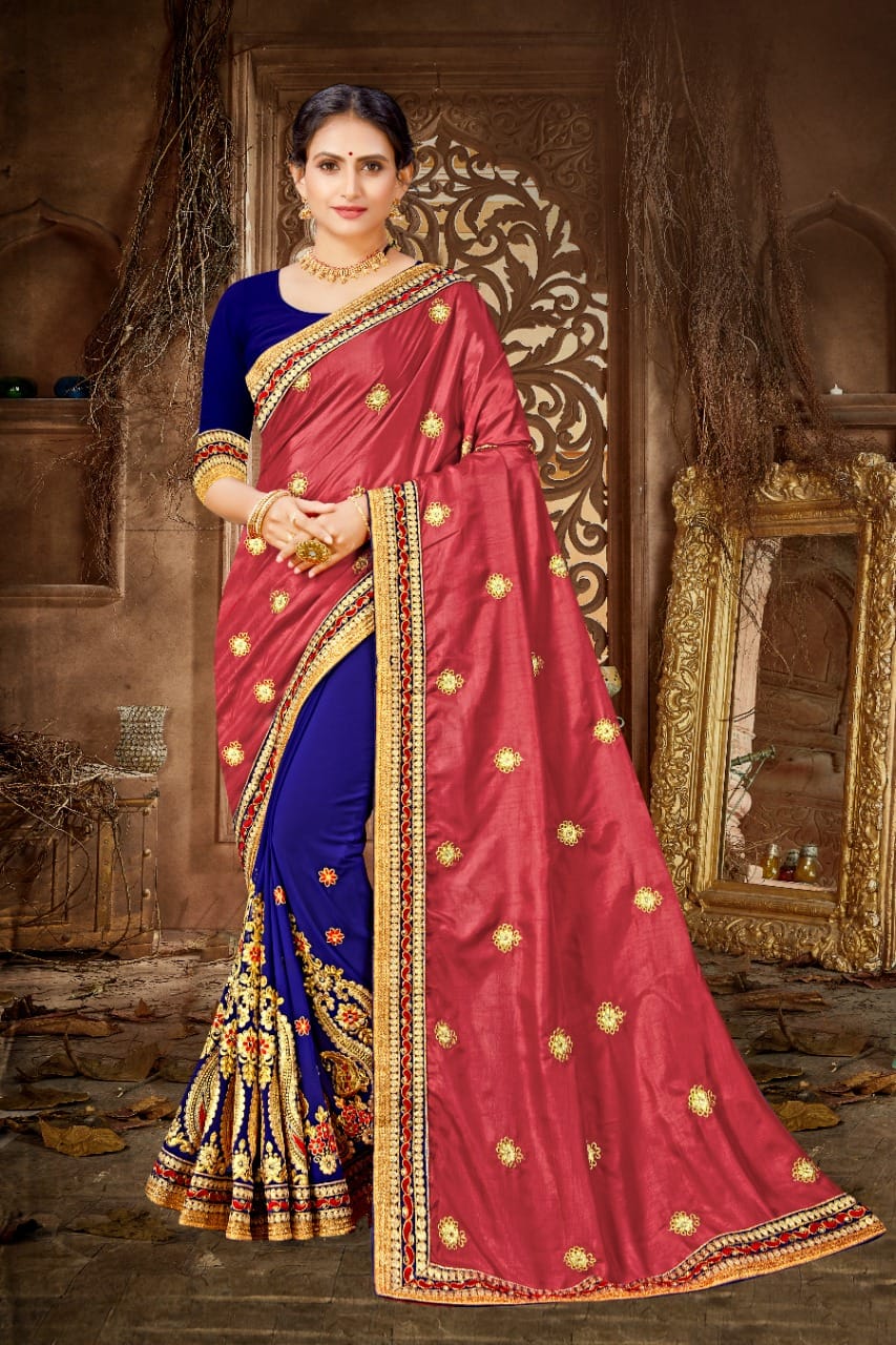 Saree en soie de dola pure rouge rosé & bleu foncé – L'Empire Indien