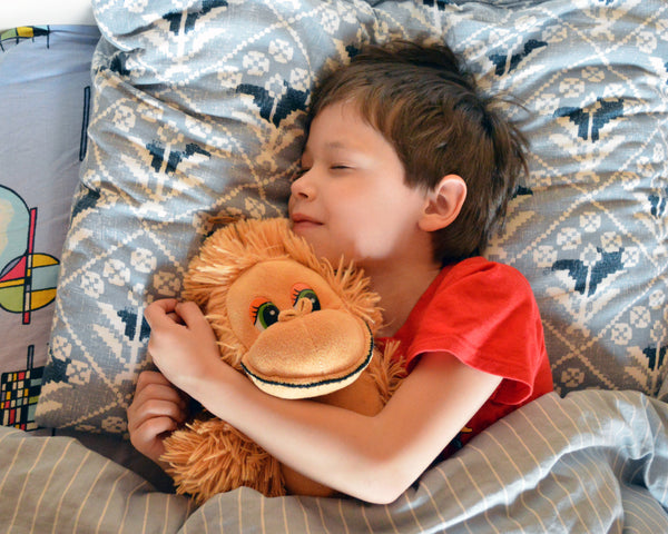 young boy sleeping while cuddling a stuffed toy