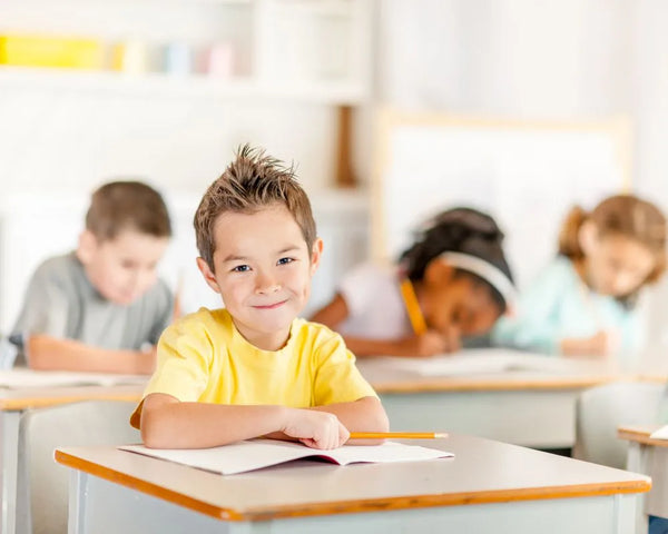 smiling kid with journal in his desk