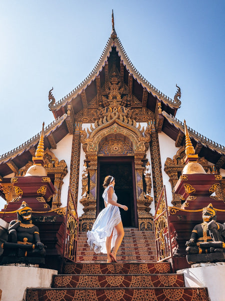 Izamal two piece dress at Wat Rajamontean photo by travelwithtalia