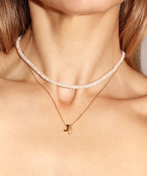 Mini Pearl Choker layered with J Initial Necklace and Moonstone June Birthstone Charm