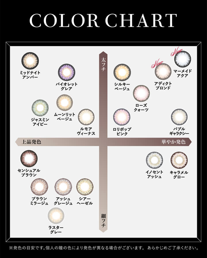 ラヴェール(loveil),COLOR CHART,上品発色,華やか発色,太フチ,細フチ,※発色の目安です。個人の瞳の色により発色が異なる場合がございます。あらかじめご了承ください。|ラヴェール loveil ワンデー カラコン カラーコンタクト