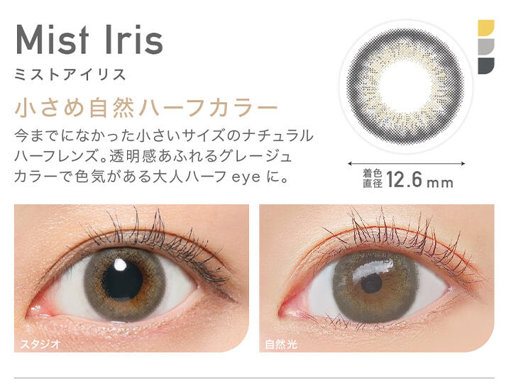 レヴィア ワンデー カラー(ReVIA 1DAY COLOR),Mist Iris(ミストアイリス), 小さめ自然ハーフカラー,今までになかった小さいサイズのナチュラルハーフレンズ。透明感あふれるグレージュカラーで色気がある大人ハーフeyeに。,着色直径12.6mm,スタジオ装用イメージ,自然光装用イメージ|レヴィア ワンデー カラー ReVIA 1DAY COLOR カラコン カラーコンタクト