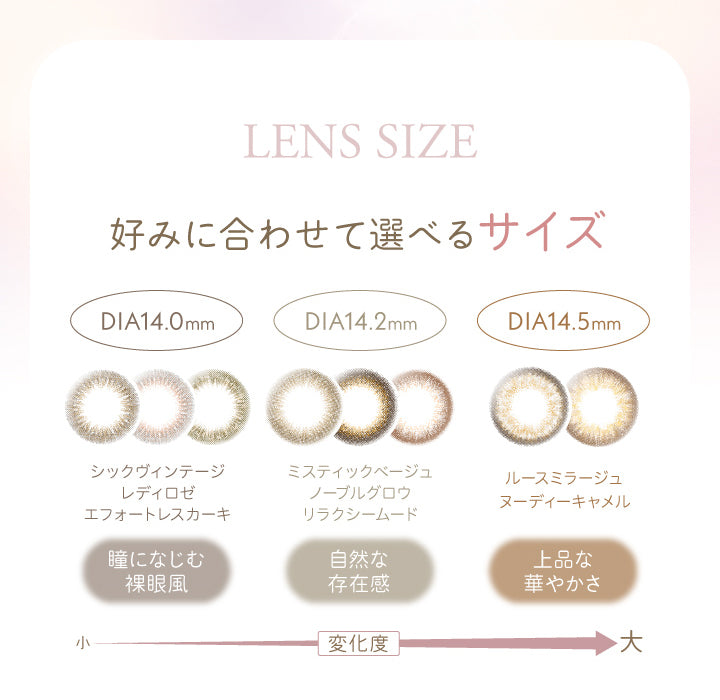 レリッシュ(LALISH),レンズサイズ,好みに合わせて選べるサイズ,DIA14.0mm,シックヴィンテージ,レディロゼ,エフォートレスカーキ,瞳になじむ裸眼風,DIA14.2mm,ミスティックベージュ,ノーブルグロウ,リラクシームード,自然な存在感,DIA14.5mm,ルースミラージュ,ヌーディーキャメル,上品な華やかさ|レリッシュ LALISH カラコン カラーコンタクト