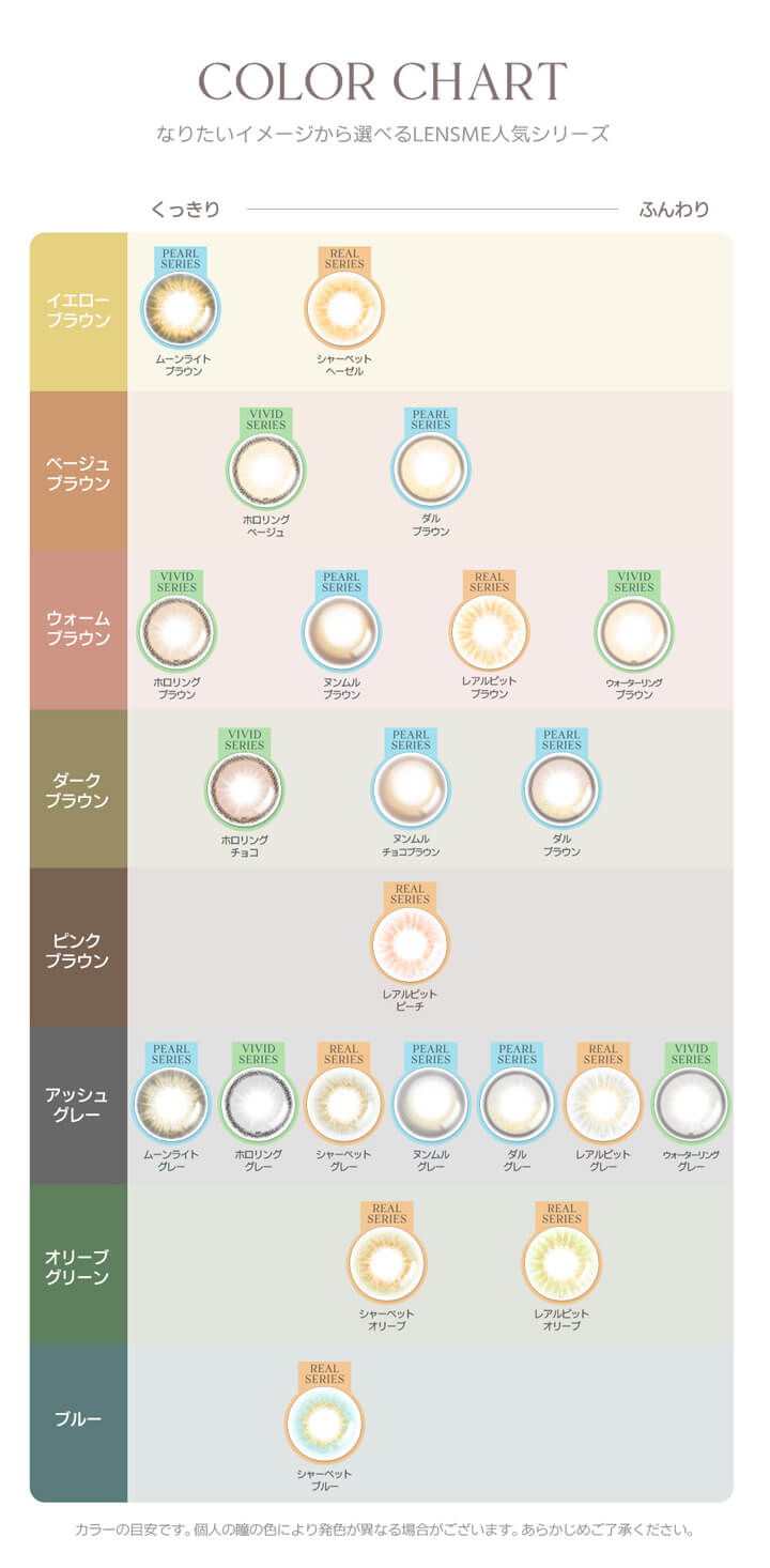 ホロリスバイレンズミー(HOLORIS BY LENSME),COLOR CHART,なりたいイメージから選べるLENSME人気シリーズ,くっきり,ふんわり,イエローブラウン,ベージュブラウン,ウォームブラウン,ダークブラウン,ピンクブラウン,アッシュグレー,オリーブグリーン,ブルー|ホロリスバイレンズミー HOLORIS BY LENSME カラコン カラーコンタクト