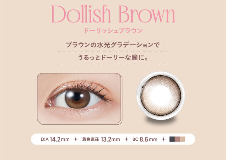 モラクワンデー(MOLAK 1day),Dollish Brown,ドーリッシュブラウン,ブラウンの水光グラデーションでうるっとドーリーな瞳に。,DIA 14.2mm,着色直径 13.2mm,BC 8.6mm|モラクワンデー MOLAK 1day カラコン カラーコンタクト