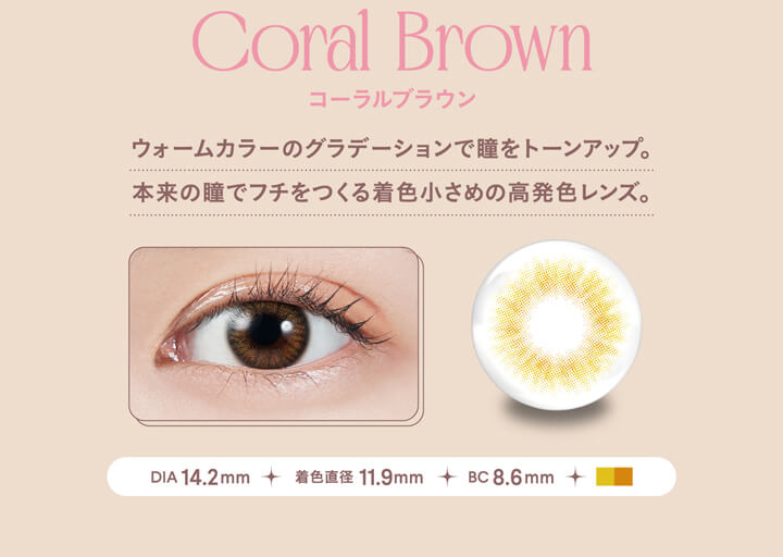 モラクワンデー(MOLAK 1day),Coral Brown,コーラルブラウン,ウォームカラーのグラデーションで瞳をトーンアップ。,本来の瞳でフチをつくる着色小さめの高発色レンズ。,DIA 14.2mm,着色直径 11.9mm,BC 8.6mm|モラクワンデー MOLAK 1day カラコン カラーコンタクト