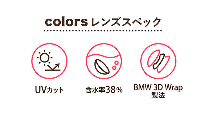 カラーズ(colors),colors,レンズスペック,UVカット,含水率38%,BMW 3D Wrap製法|カラーズ colors カラコン カラーコンタクト