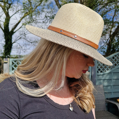 Classic Unisex Panama Hat with a belted banded and a black and white brim