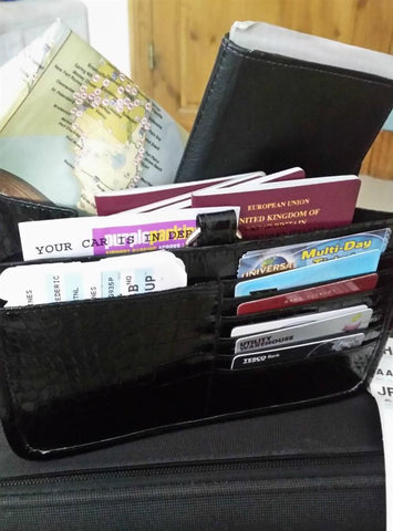 Photo of a handbag organiser filled with travel documents