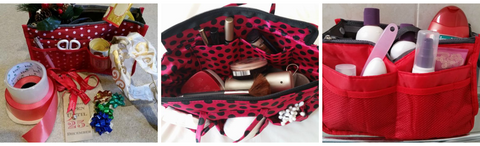 3 handbag organisers filled with household bits and pieces